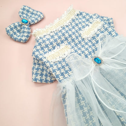 Blue Tweed Cat Dress with Bow-tie