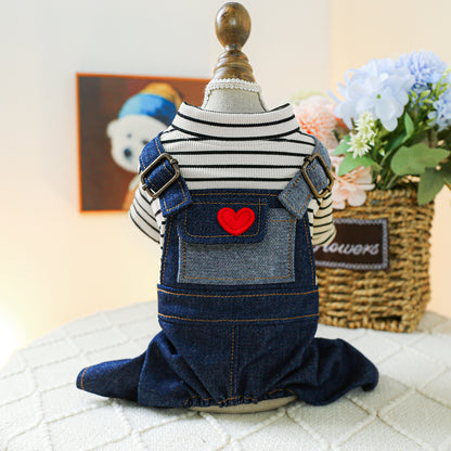 Heart Patch Denim Overalls with Striped Shirt