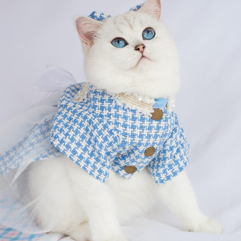 Blue Tweed Cat Dress with Bow-tie