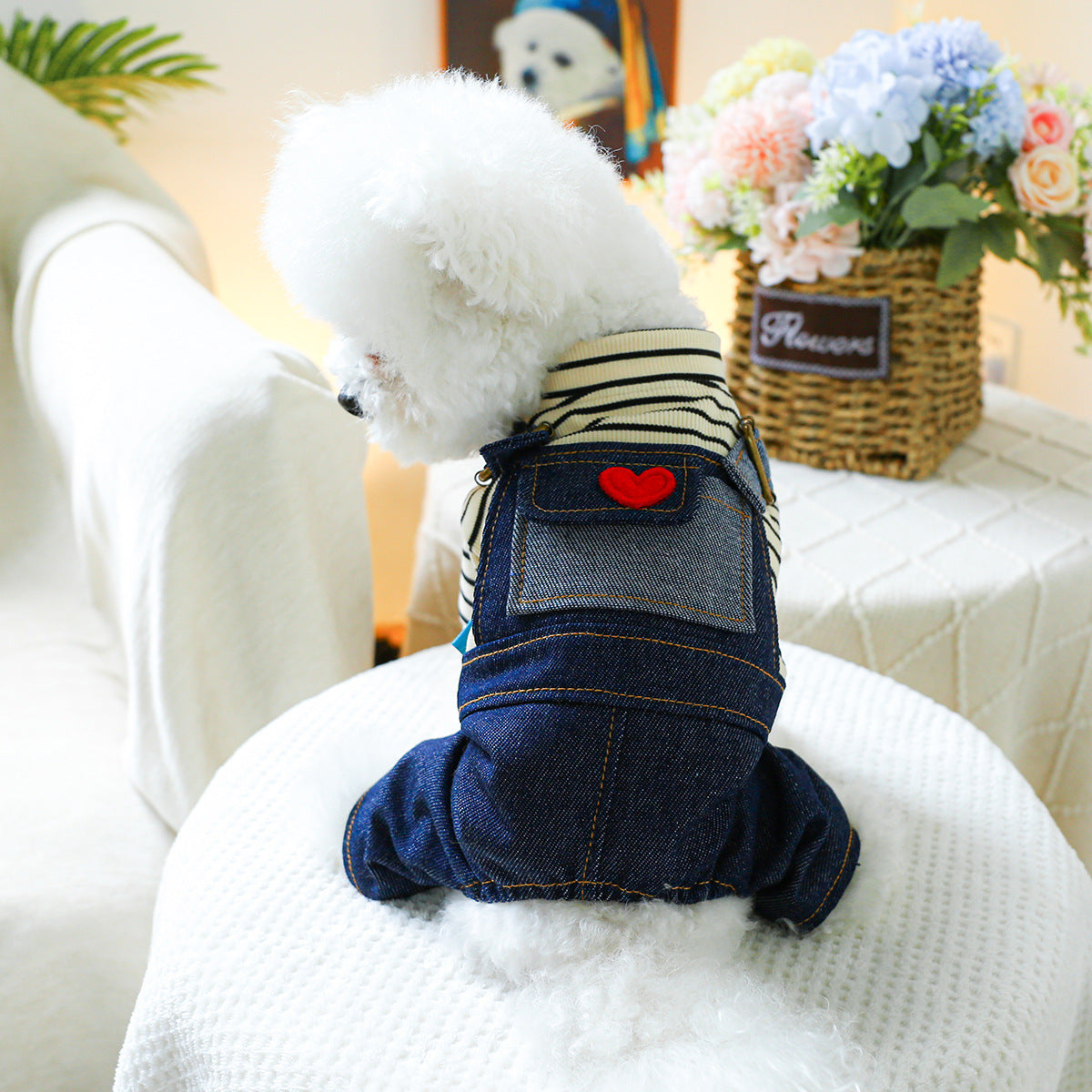 Heart Patch Denim Overalls with Striped Shirt