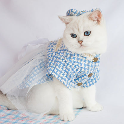 Blue Tweed Cat Dress with Bow-tie