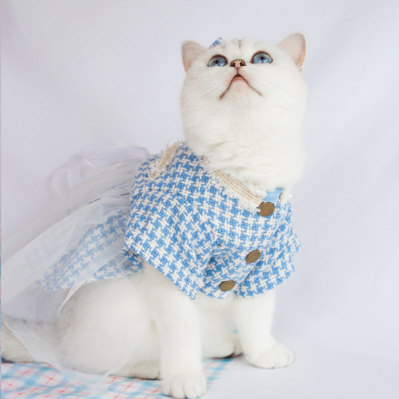 Blue Tweed Cat Dress with Bow-tie