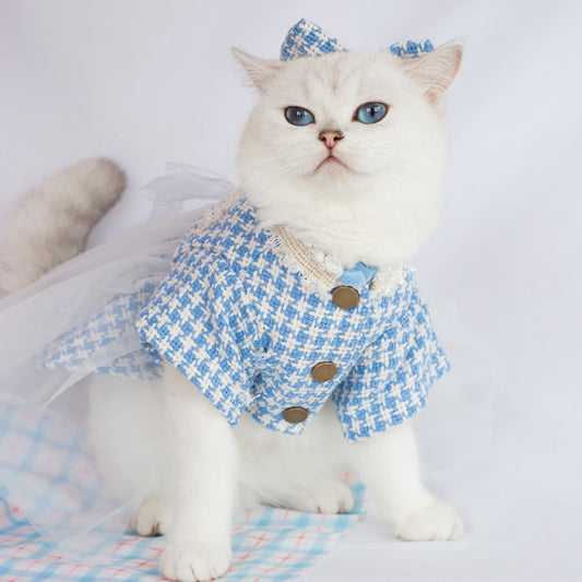 Blue Tweed Cat Dress with Bow-tie