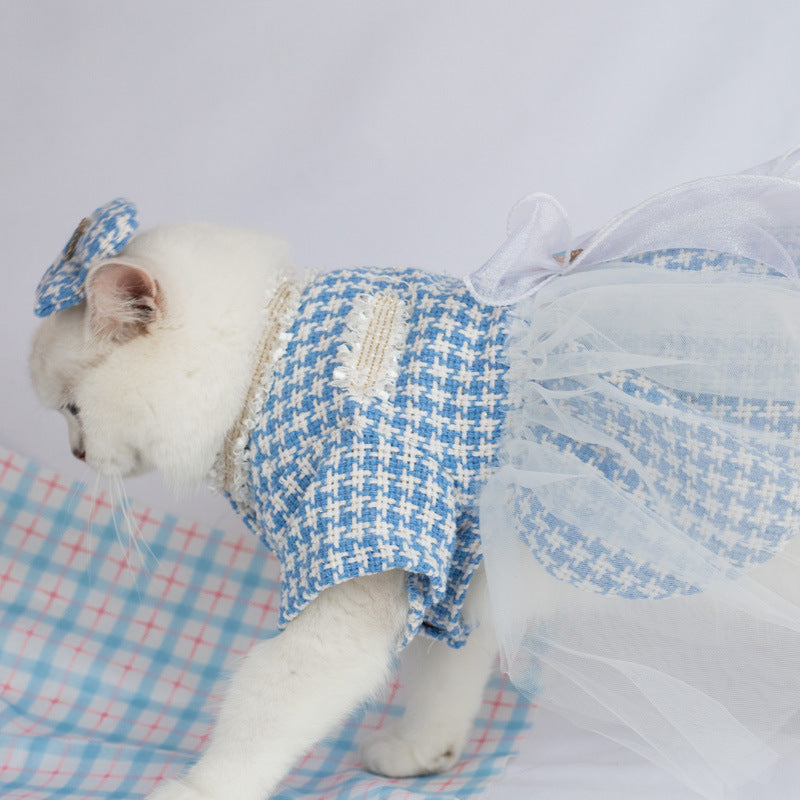 Blue Tweed Cat Dress with Bow-tie